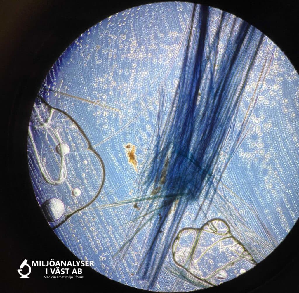 Krokidolit, blå asbest, i analysmikroskop.
