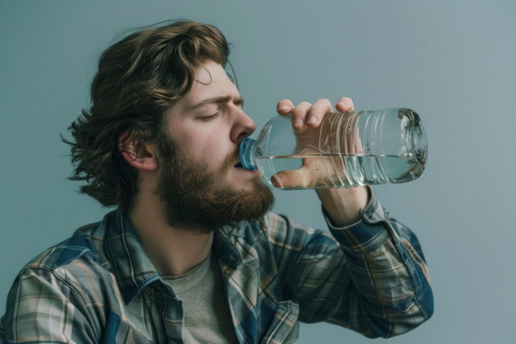 Skäggig man dricker vatten från flaska.